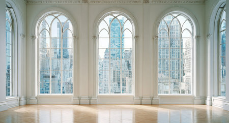 The image showcases a bright, spacious interior with multiple arched windows offering views of tall buildings. The composition emphasizes symmetry and uses natural light to illuminate the space. The overall style is clean and modern, potentially suitable for architectural visualization or real estate promotion.の素材