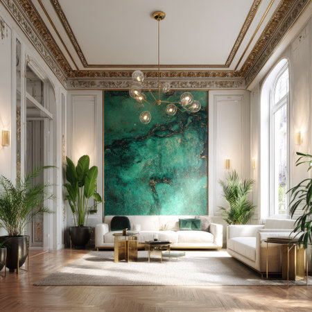 This image showcases a bright, airy living room featuring a large, abstract artwork in shades of green. The room includes a white sofa, potted plants, and gold accents. The composition is well-lit with natural light, creating a sense of spaciousness. Suitable for use in home decor, interior design, and lifestyle publications.の素材