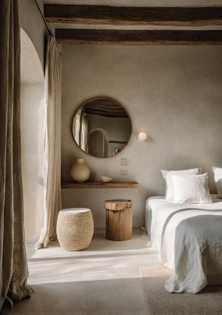 A bedroom interior presents a calming atmosphere with soft, neutral tones. A round mirror reflects the space above a low shelf. Natural light streams through the window, illuminating the white bedding, decorative objects, and wooden details. This serene visual could suit various commercial purposes.の素材