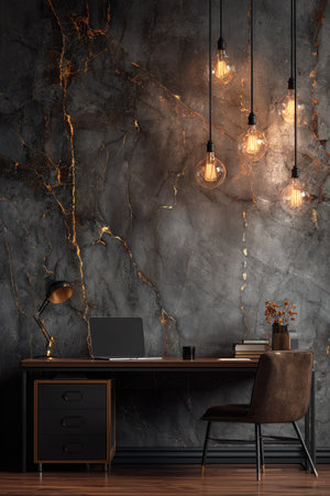 A home office interior features a dark textured wall with golden accents and hanging lightbulbs. A wooden desk supports a laptop and books, and a leather chair completes the scene. The composition employs a warm color palette and is suitable for various commercial and editorial uses.の素材