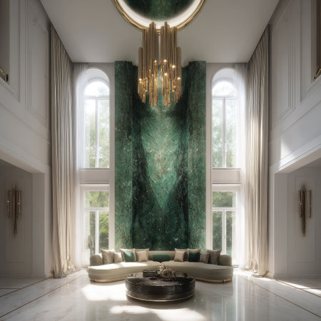 A spacious interior displays a modern seating arrangement and a central coffee table. The composition incorporates high ceilings and expansive windows. The setting is bright and showcases various textures and colors. This interior setting is suitable for architectural, design, and lifestyle publications.の素材