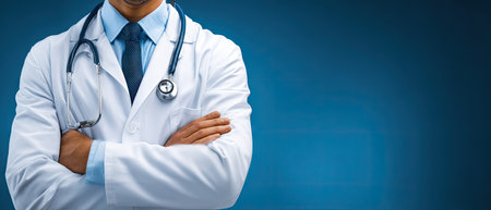 A medical professional is depicted wearing a white coat, stethoscope, and tie. The arms are crossed, suggesting confidence or authority. The image is brightly lit against a deep blue background, providing a sense of professionalism. It can be used for various medical and health related topics.の素材