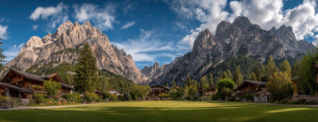 A scenic landscape presents a mountain range with jagged peaks, lush green grass, and wooden buildings. The composition features a clear blue sky dotted with fluffy white clouds. This image is suitable for various commercial and editorial applications, including travel and nature themes.の素材