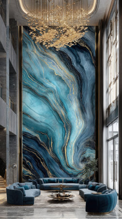 A luxurious interior showcases a large, abstract blue marble wall, accented by modern furniture. The composition includes a seating arrangement of blue couches and armchairs, complemented by warm lighting. This image may be suitable for interior design concepts, architectural visualizations, or decorative purposes.の素材