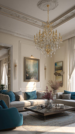The image displays an elegant living room interior featuring a large ornate chandelier, multiple sofas with teal cushions, and framed artwork. The color palette is dominated by light neutrals, with touches of teal and gold. The composition is symmetrical, and the lighting suggests a daytime setting. Potential uses include design, real estate, and lifestyle content.の素材