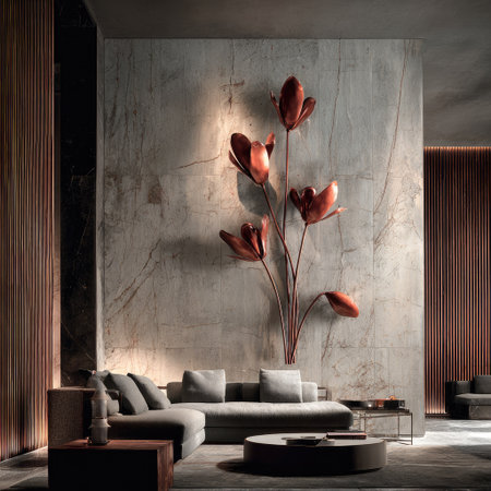 An interior scene displays a large textured wall adorned with copper-colored floral art. A sectional sofa and a low coffee table sit in front of the wall. The image showcases an architectural perspective with diffused lighting, suitable for various editorial and commercial applications.の素材