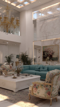 This image presents a luxury interior with high ceilings and large windows, providing natural light. A teal sofa, ornate chair, and various decor elements are visible. The composition showcases a contemporary style, potentially suitable for commercial use in the fields of interior design or lifestyle.の素材