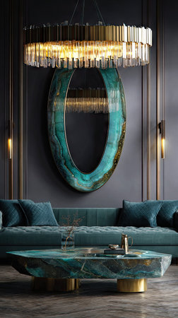 The image presents a luxurious living room with a teal sofa and a marble coffee table. A large oval mirror hangs on the wall, reflecting the stylish design. The composition features overhead lighting, creating a rich visual experience. Suitable for interior design, advertising, or editorial purposes.の素材