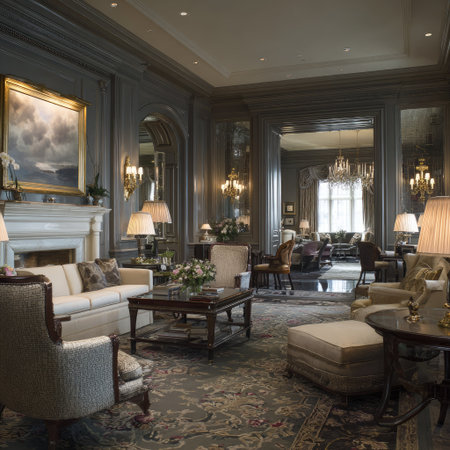 A spacious interior showcases a living room with stylish furniture, including sofas, chairs, and tables. The scene features a variety of lighting fixtures. The room's neutral color palette is complemented by a patterned rug, creating a sophisticated ambiance. Suitable for commercial and editorial purposes.の素材