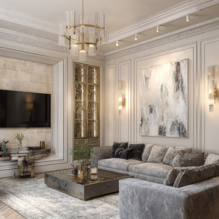 A luxurious living room showcases modern furniture and decorative elements. Featuring a grey sofa, a large painting, and a central coffee table. The composition highlights warm lighting, neutral colors, and a sophisticated ambiance, suitable for various interior design projects. The image is suitable for commercial and editorial applications.の素材