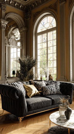 A luxurious living space showcases a dark, plush sofa adorned with decorative pillows. Natural light streams through large arched windows, illuminating the room. The style presents a blend of classic and contemporary aesthetics, suggesting potential uses for home decor, design, and lifestyle content.の素材
