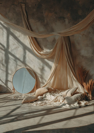 A room setting is showcased with flowing fabric drapes and a round mirror. Earth tones and shadows enhance the composition. The scene, illuminated by sunlight, presents a sense of tranquility. Suitable for diverse design, home decor, or artistic concepts, it's ideal for various commercial applications.の素材