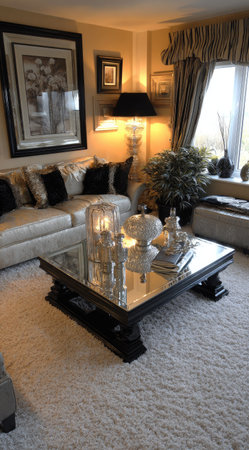 This image displays a well-appointed living room featuring a sofa, coffee table, and decorative elements. The scene is bathed in warm, soft lighting, highlighting the textures of the furnishings. The composition includes a window, suggesting an indoor setting. Suitable for commercial use in interior design and lifestyle contexts.の素材