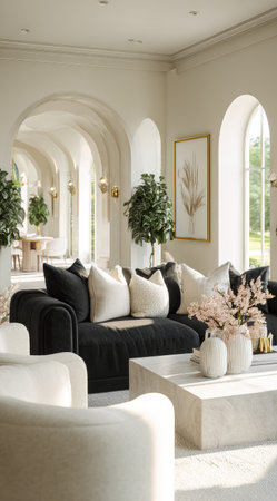 A modern interior scene showcasing a spacious living room with a large black sofa and cream-colored pillows. Soft lighting illuminates the room, highlighting the textures of the furnishings and the architectural details. The arched doorways and windows create an open feel. Suitable for lifestyle, home design and architectural concepts.の素材