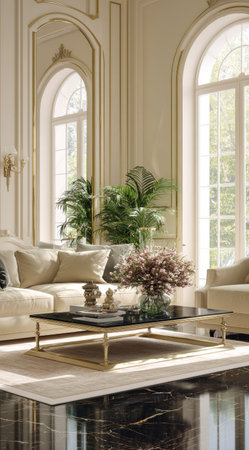 This image showcases a luxurious living room featuring a plush sofa, armchairs, and a sleek coffee table. The room is bathed in natural light streaming through large arched windows. Details include decorative plants, ornate trim, and a sophisticated color palette. Ideal for illustrating interior design, lifestyle, or real estate concepts.の素材