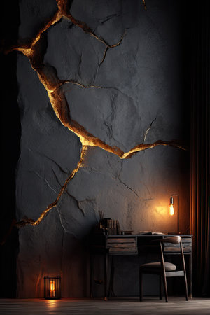 The image presents an interior scene with a textured wall feature and a desk. The wall exhibits a striking artistic design with light streaks against the dark background. A desk and chair are visible, enhanced by warm lighting. Suitable for commercial applications related to design, decor, and visual storytelling.の素材