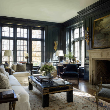 An elegant living room featuring a classic design, complete with large windows that let in natural light. The room is furnished with a comfortable sofa, armchairs, a coffee table, and a fireplace. This space is likely used for relaxation or entertaining and is suitable for editorial or commercial use.の素材