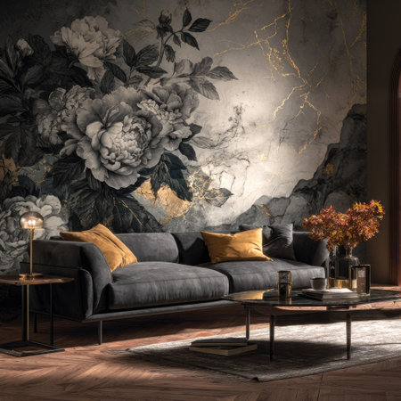 A living room showcases a dark gray sofa with yellow cushions against a large floral mural. The mural features a black and white floral design with gold accents. A wooden floor complements the modern furniture and decorations, suggesting a blend of comfort and style for interior design use.の素材