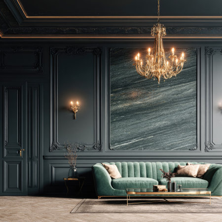 This image depicts a stylish living room featuring a teal sofa. Classic wall paneling surrounds the room, complemented by a chandelier. The setting suggests an indoor environment with warm lighting. This could be suitable for architectural or interior design projects and editorial publications.の素材