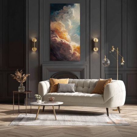 A stylish living room showcases a comfortable sofa beneath a large artwork. The scene features warm lighting, accent pieces, and a rug. The composition could be utilized in interior design publications, advertising, or as stock photography for various purposes.の素材