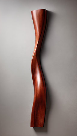 A striking, vertically oriented sculpture presents a twisting form, crafted from dark wood. The polished surface reflects light, highlighting the smooth curves and organic shape. The artwork is displayed against a simple gray background, enhancing the visual impact. Suitable for use in interior design projects and artistic publications.の素材