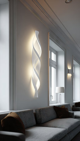 An interior space presents a modern aesthetic with a striking, illuminated sculptural wall fixture. The fixture emanates a soft, warm glow, contrasting with the cool, neutral tones of the surrounding walls and furnishings. Natural light streams in through large windows, creating a balanced and inviting environment, suitable for diverse commercial or editorial applications.の素材