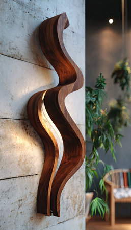 A decorative wooden sculpture adorns a concrete wall, featuring a flowing, organic design. The artwork showcases rich brown tones, with light illuminating the inner curves. The composition suggests an indoor setting, potentially for home decor or artistic displays. Suitable for various commercial and editorial applications.の素材
