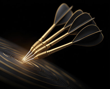 Four golden darts are depicted striking a target against a black backdrop. The image showcases metallic textures, intricate details, and a shallow depth of field. The composition evokes a sense of focus, precision, and achievement, suitable for advertising, marketing, and illustrative purposes.の素材
