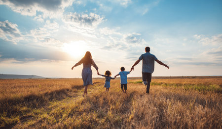 A family is depicted running in a golden field under a partially cloudy sky. The silhouette reveals two adults and two children. The composition uses a natural color palette with warm tones, complemented by sunlight. This image is suitable for various commercial and editorial applications.の素材