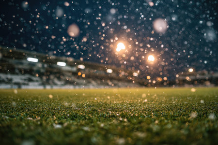 A football field is blanketed by falling snow under the illumination of stadium lights. The image presents green grass and blurred snowflakes creating a dynamic effect. The composition captures a night scene, likely outdoors, with a focus on the texture of the grass and falling precipitation, suitable for various editorial and commercial applications.の素材