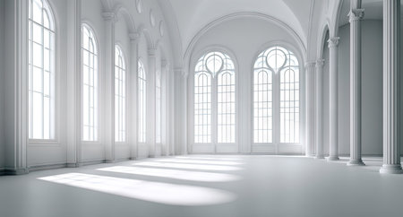 A bright, airy interior space is dominated by white surfaces, classical columns, and arched windows. Natural sunlight streams through, illuminating the room. The composition emphasizes symmetry and spaciousness, suggesting a formal setting. This image could be suitable for architectural, design, or conceptual projects.の素材