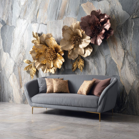 A stylish gray sofa is positioned beneath large, metallic flower decorations attached to a textured wall. The scene includes soft lighting highlighting the gold and bronze hues of the flowers and the sofa's cushions. This image is suitable for interior design projects and home decor promotions.の素材