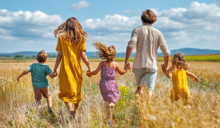 A family of five is captured from behind as they run through a tall, golden field under a vibrant blue sky. The composition features a warm, natural light illuminating the subjects and surroundings. The image suggests outdoor activity, potentially useful for editorial or commercial applications that focus on family and nature.の素材