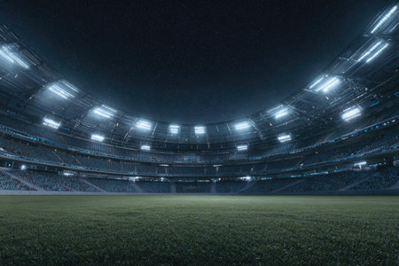 A large, modern stadium is shown at night, illuminated by numerous bright lights. The perspective highlights the empty green field and the expansive seating areas. The scene evokes a sense of anticipation and could be used for promotional materials or illustrations of events.の素材