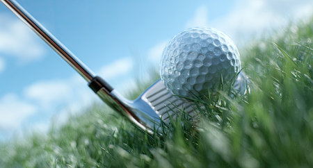 A golf ball rests on a tee, positioned for a shot, with a golf club in the foreground. The scene showcases a green field with blades of grass and a bright blue sky in the background. The lighting suggests a daytime setting, ideal for commercial use or editorial content.の素材