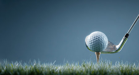 A golf ball rests on a wooden tee, positioned for a shot. A golf club hovers nearby against a soft, gradient backdrop. The scene displays a close-up of the ball and grass, suggesting an outdoor environment. This image is suitable for a variety of commercial applications including editorial, and promotional content.の素材