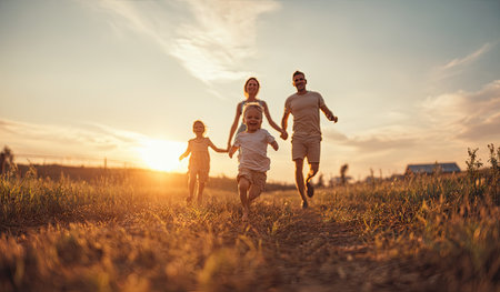 A family runs through a field illuminated by the warm light of a sunset. Silhouetted figures against the bright sky suggest joy and togetherness. The scene features an open composition with natural textures and colors. Suitable for depicting themes of family, leisure, and well-being, this image has potential for various commercial applications.の素材