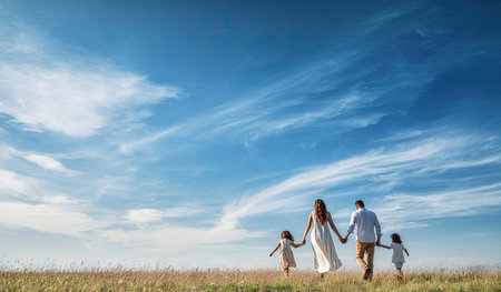 A family strolls across a golden field under a vast, bright blue sky dotted with wispy clouds. The figures, dressed in light clothing, are seen from behind. The scene features natural lighting and an open composition, ideal for conveying concepts of togetherness and outdoor activities. It is suitable for various editorial and commercial projects.の素材