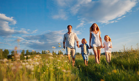 A family of four is seen walking hand-in-hand through a vibrant green field under a bright blue sky. The image displays natural sunlight and an open composition. The scene evokes a feeling of togetherness, suitable for various commercial and editorial applications. The color palette includes green, yellow, and blue.の素材