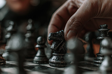 A hand carefully positions a chess piece on the board, focusing on the strategic aspect of the game. The image displays a close-up view with selective focus. The lighting appears natural, highlighting the textures of the pieces and the board. It is suitable for various commercial and editorial applications.の素材