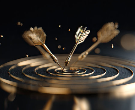 Three golden darts are shown striking a target, symbolizing success and achievement. The image features a dark background and soft lighting, emphasizing the gold color and textures of the darts and target. This could be used in marketing materials, business presentations, or illustrations promoting goal-oriented themes.の素材