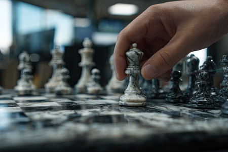 A hand places a chess piece on a checkered board, with other chess figures arranged behind. The composition features a shallow depth of field, emphasizing the board and the hand. The lighting is soft, with cool tones dominating the scene. This image could be used for editorial content related to strategy, decision-making, or competition.の素材
