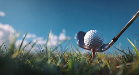 A golf ball sits atop a tee, poised for a shot, framed by a golf club. The image presents a close-up perspective within a grassy field. Bright sunlight illuminates the scene against a clear blue sky with clouds. Suitable for various sports, leisure, and promotional purposes.の素材