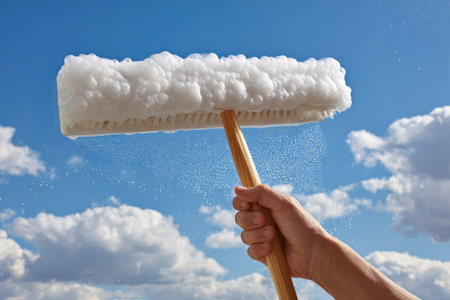 A hand firmly grasps a wooden-handled window cleaning tool with a white, foamy cleaning surface. The tool is spraying water, set against a clear blue sky filled with fluffy white clouds. The composition has an overhead shot, suggesting outdoor use for commercial or editorial purposes.の素材