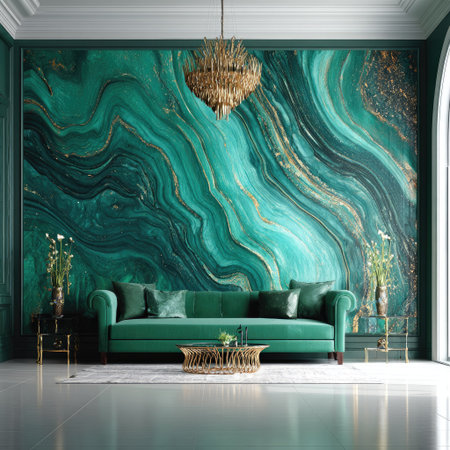 An interior scene showcases a modern green sofa placed against a backdrop of an emerald green marble wall. The composition is highlighted by a decorative chandelier and golden accents, suggesting a space designed for relaxation. The image could be suitable for illustrating luxury interior design or lifestyle themes and could be used for various commercial purposes.の素材