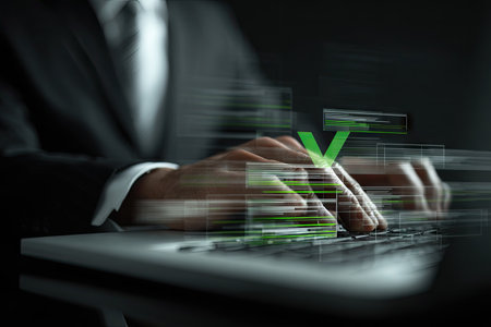 A person's hands typing on a laptop keyboard are shown with a digital overlay of lines and a green checkmark. The image presents a dark, focused composition with blurred motion lines, suggesting rapid activity. This could be suitable for illustrating ideas related to business, technology, or data analysis.の素材