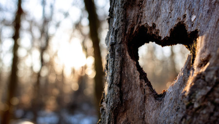 A heart-shaped opening is visible in a tree trunk's textured surface. The composition is a close-up, with the tree in focus. Background elements include blurred trees, suggesting an outdoor setting during daytime, illuminated by sunlight. This image could be suitable for diverse editorial and marketing content.の素材