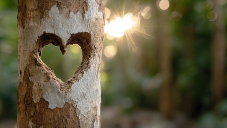 An image features a heart-shaped carving in the bark of a tree. Warm sunlight filters through the background forest, creating a soft focus. The composition offers copy space. This image may be suitable for commercial and editorial use in themes of love, nature, or relationships.の素材