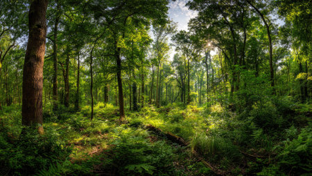 A vibrant forest scene depicts sunlight streaming through a dense canopy of green trees and foliage. The composition features a mix of textures, from rough tree bark to delicate leaves. This image evokes a feeling of a natural environment, suitable for various editorial or commercial applications.の素材
