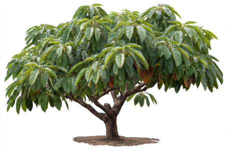 A mature tree with dense, vibrant green leaves is presented against a clean white backdrop. The image captures the natural textures of the bark and foliage. The composition, which could be used for various editorial and commercial purposes, features bright lighting. The design could be used for educational, or environmental themes.の素材